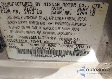 2001 Nissan Sentra Se из США, поврежденный, VIN 3N1BB51D61L129787